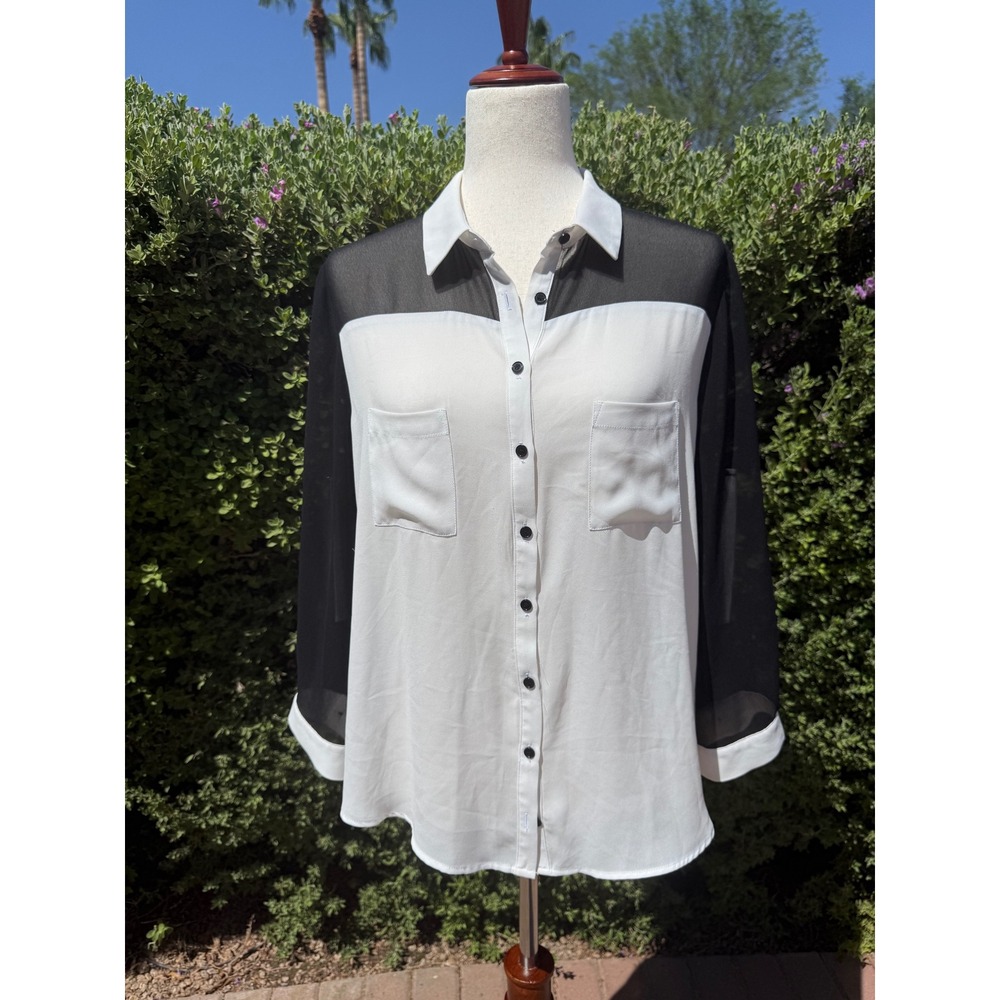 Ro & De Womens Black White Colorblock Sheer Split Back Roll Tab Blouse Small